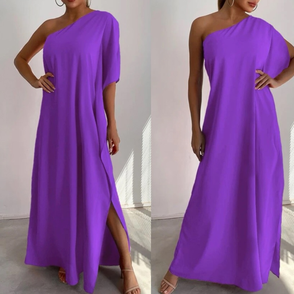 Luxe purple batwing sleeve one shoulder asymmetrical neck maxi dress